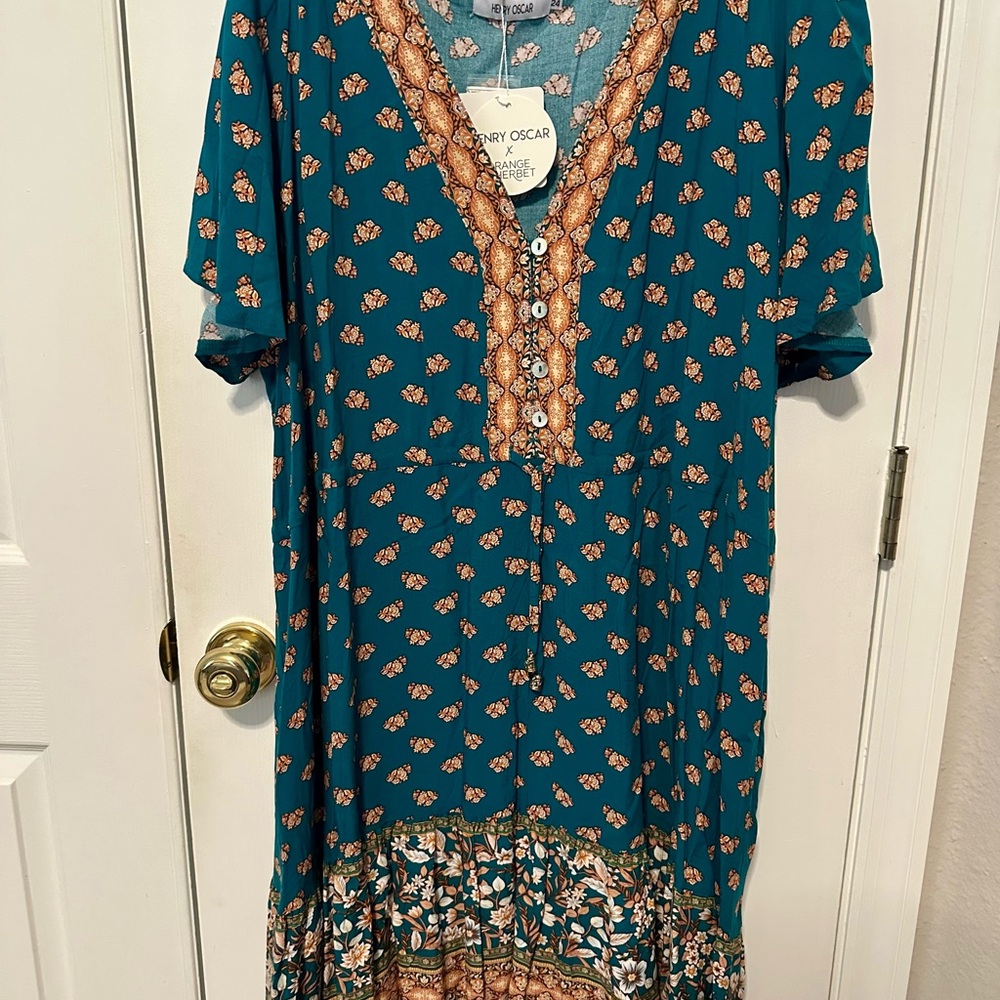 Teal Floral V-Neck Dress